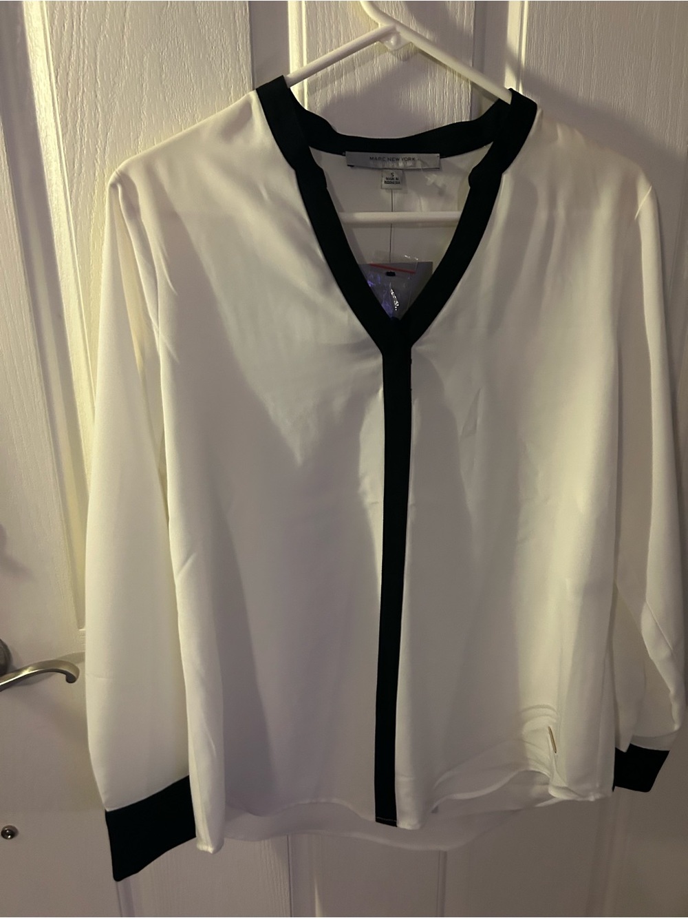 Andrew Marc White Blouse with Black Trim